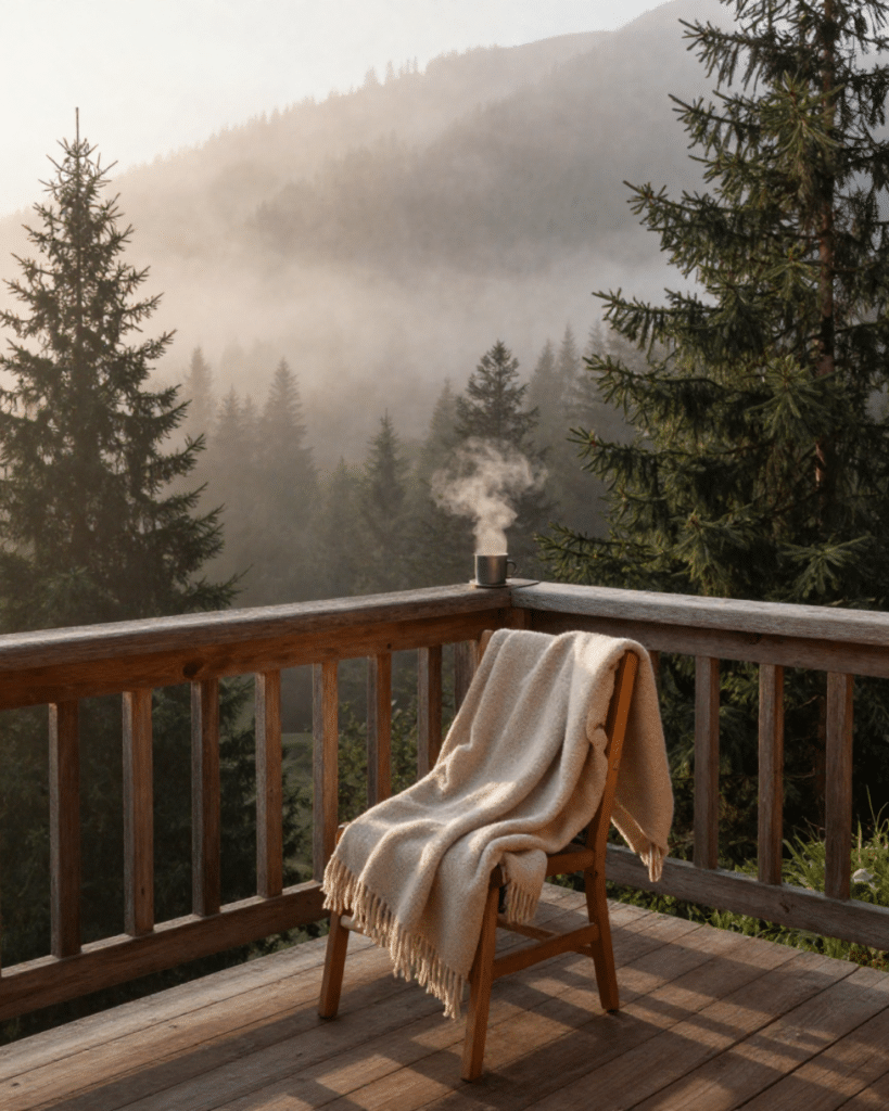 : Chaise en bois avec plaid beige sur terrasse de chalet, tasse fumante et forêt de sapins dans la brume – BYOU L'Expérience