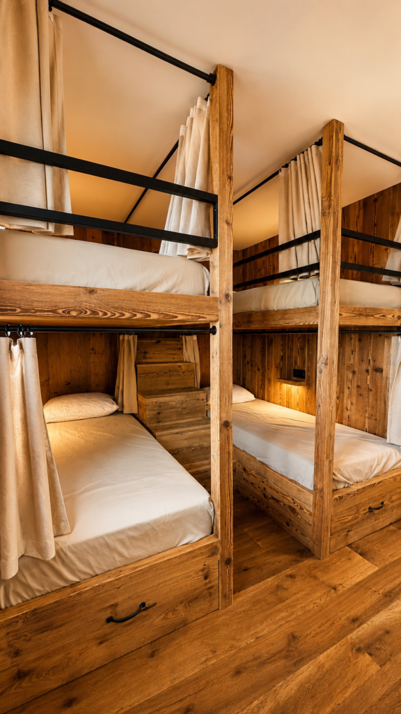 Espace nuit confortable avec linge de lit et bois naturel dans les dortoirs du Gîte du Passant en Haute-Savoie.
