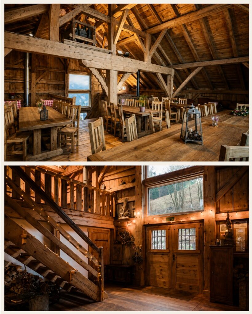 Salle en bois avec grandes tables du Gîte du Passant, retraite montagne Haute-Savoie
