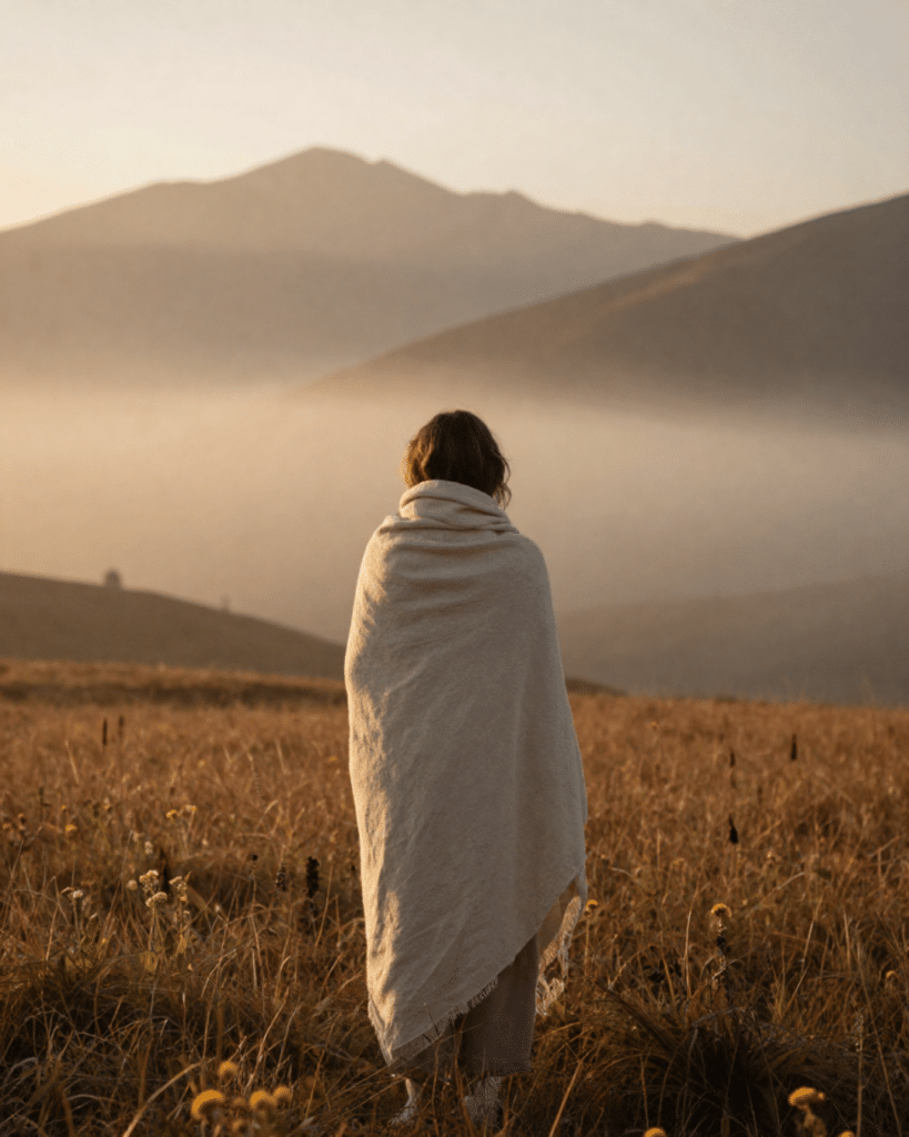 Personne enveloppée dans un plaid face aux montagnes au lever du jour en Haute-Savoie, symbole de calme, introspection et reconnexion à soi.