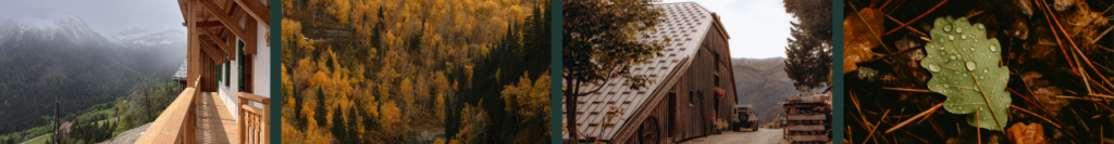Bandeau automnal du Gîte du Passant en Haute-Savoie montrant la montagne, la forêt dorée, l’architecture en bois et les détails de la nature.