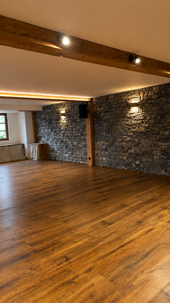 Espace de pratique en bois et pierre au Gîte du Passant en Haute-Savoie, dédié aux ateliers de yoga, méditation et développement personnel.